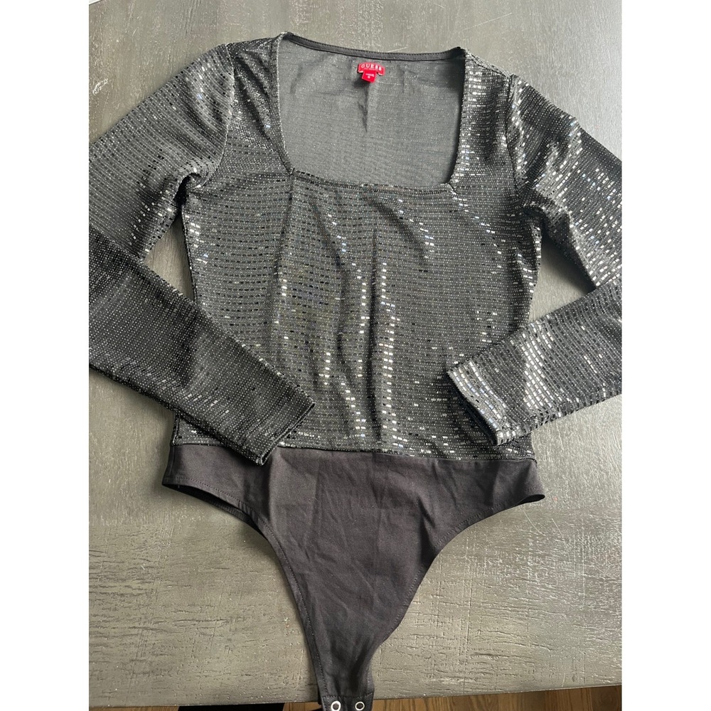 Guess Los Angeles‎ Black Silver Sequin Square Neck Long Sleeve Bodysuit Small